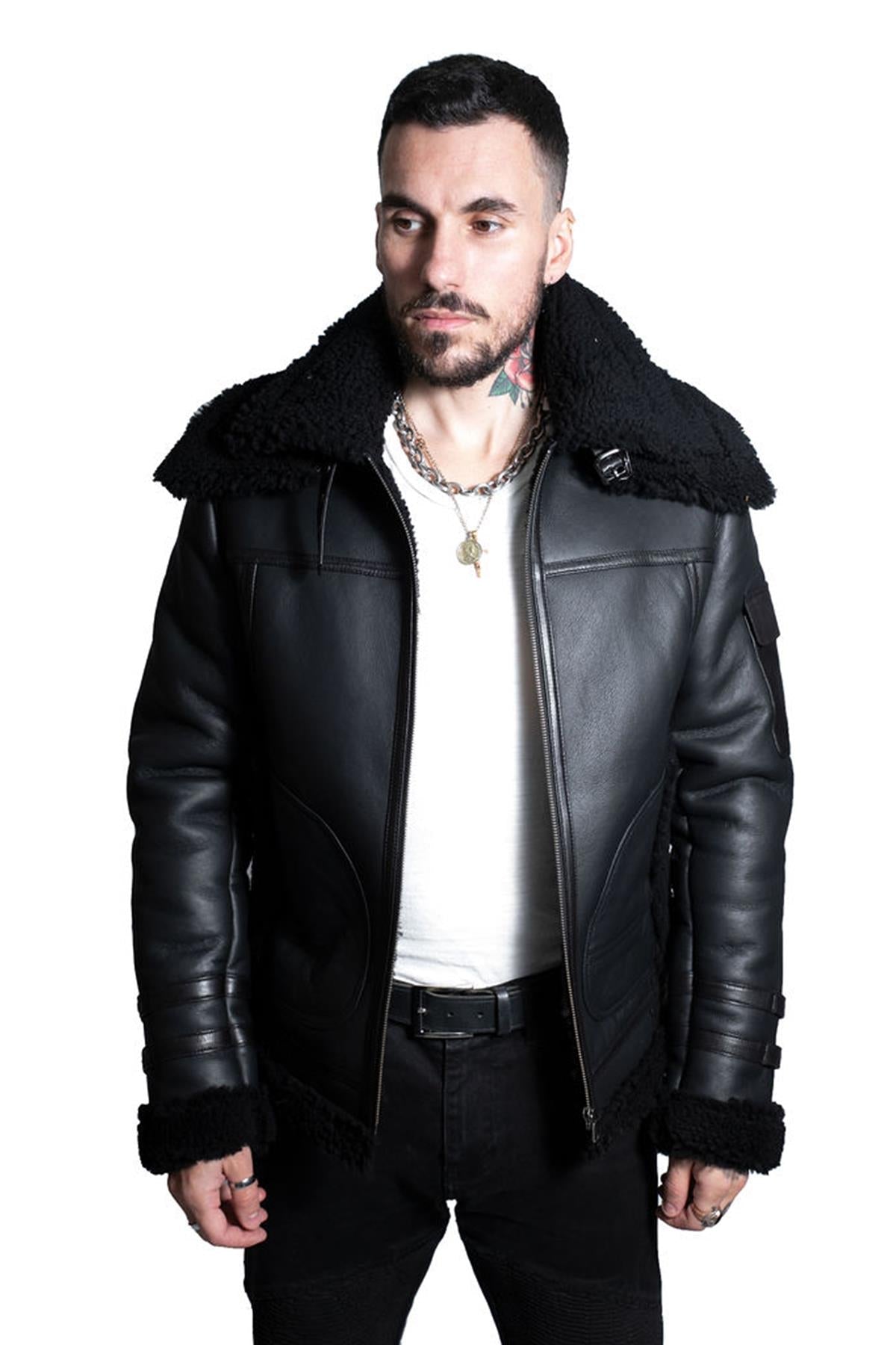 Mens Retro Biker Sheepskin Jacket-Hingham