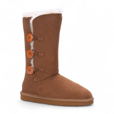 Women's Sheepskin Suede Tan Button Warm Winter Calf Boots - Willow