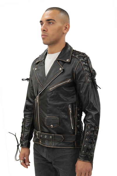 Mens Embossed Brando Leather Biker Jacket-Chicago
