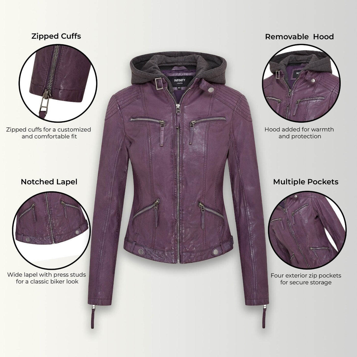 Womens Hooded Classic Biker Jacket - Brazzaville