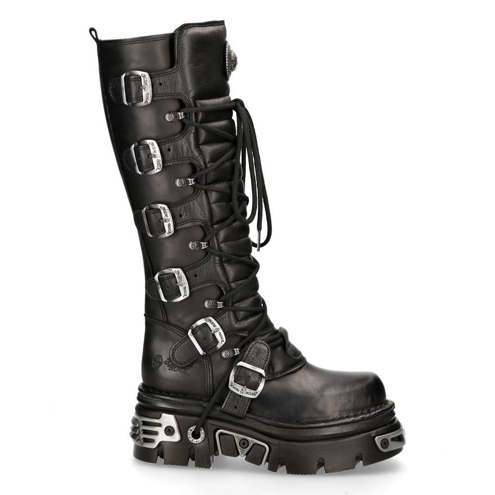 New Rock Knee High Black Leather Gothic Boots-272-S1