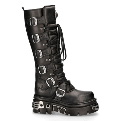 New Rock Knee High Black Leather Gothic Boots-272-S1