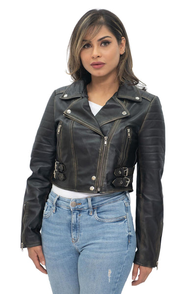 Womens Cropped Brando Leather Biker Jacket-Damascus