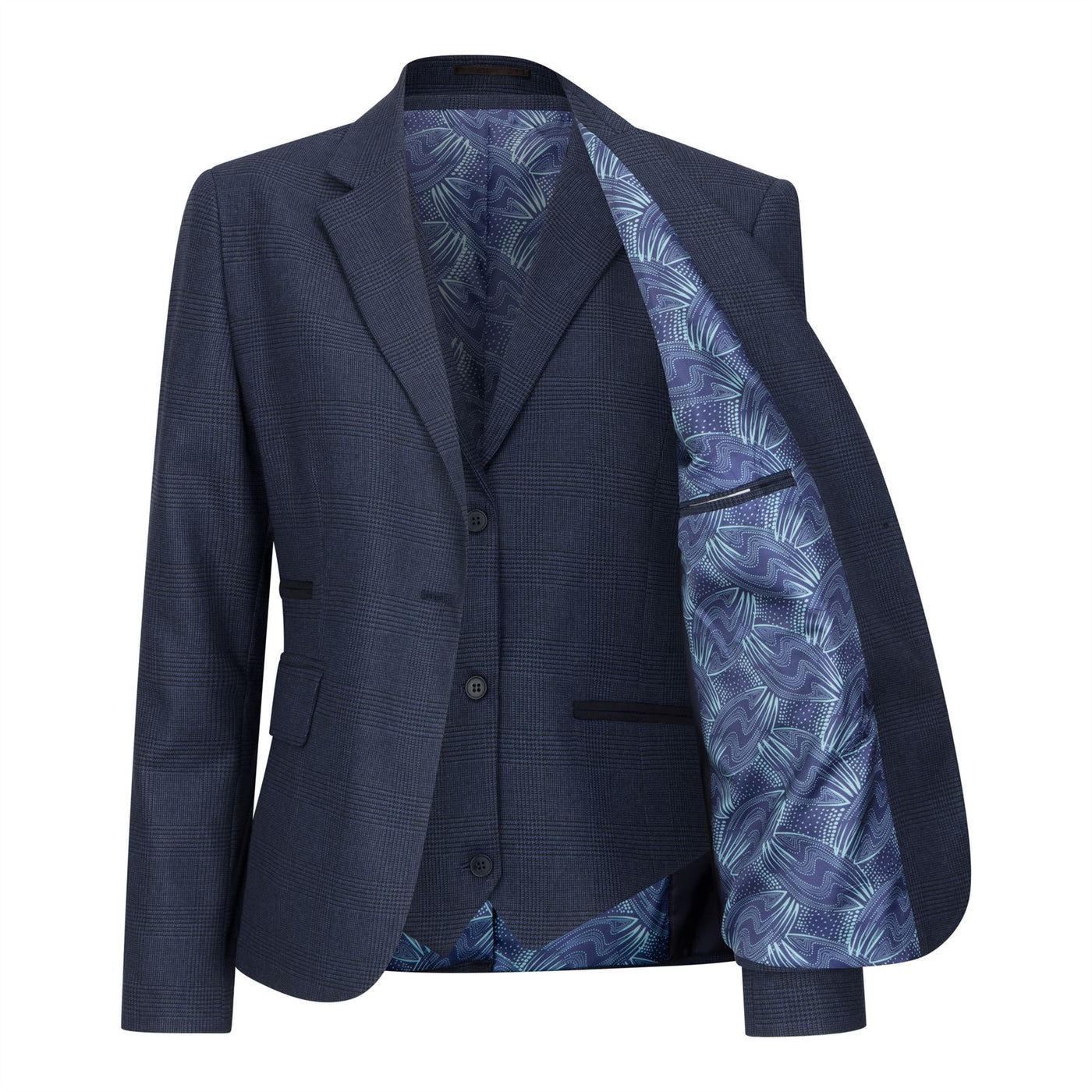 Women's Navy Three-Piece Tailored Fit Suit in Prince of Wales Check