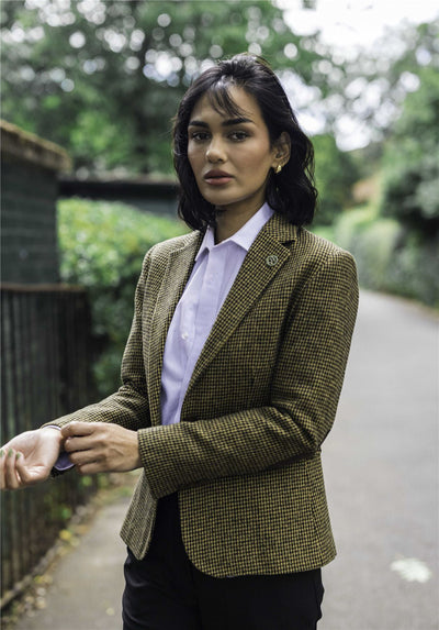 Women's Tailored Brown Dogtooth Wool Blend Tweed Blazer