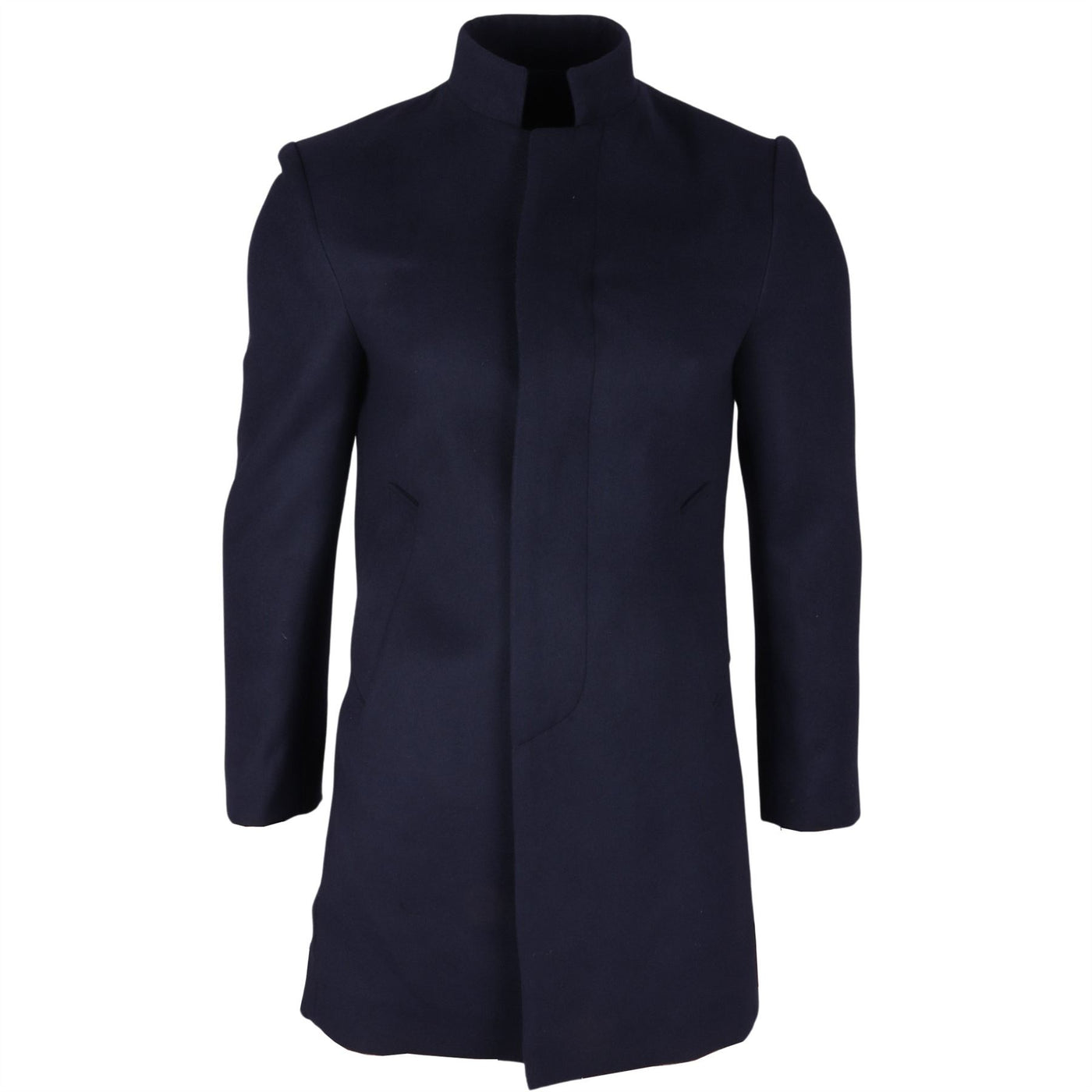 Men's Navy Stand Collar Wool Blend Overcoat
