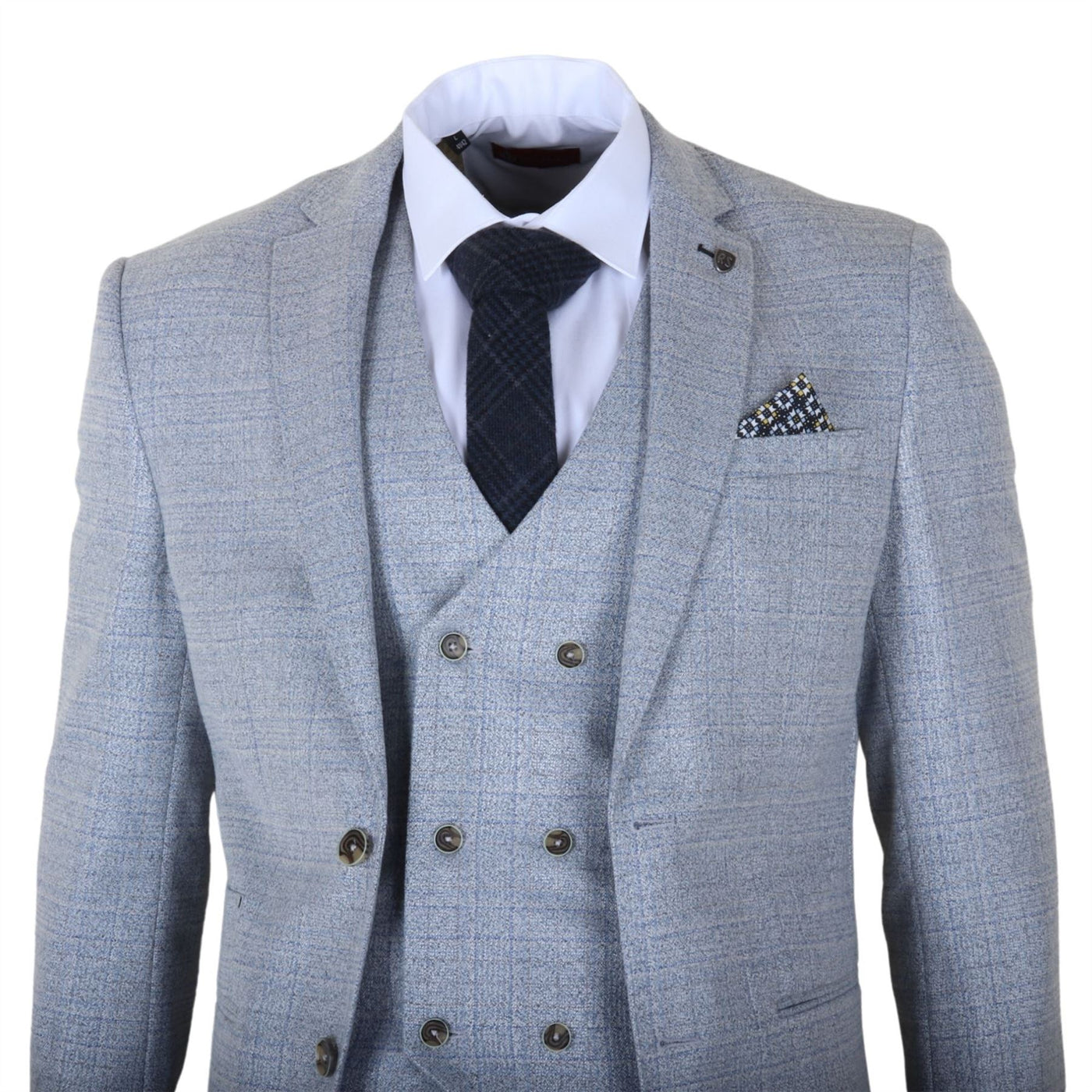Men's Light Blue Plaid Check 3 Piece Slim Fit Formal Wedding Suit