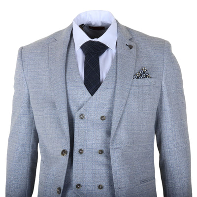 Men's Light Blue Plaid Check 3 Piece Slim Fit Formal Wedding Suit