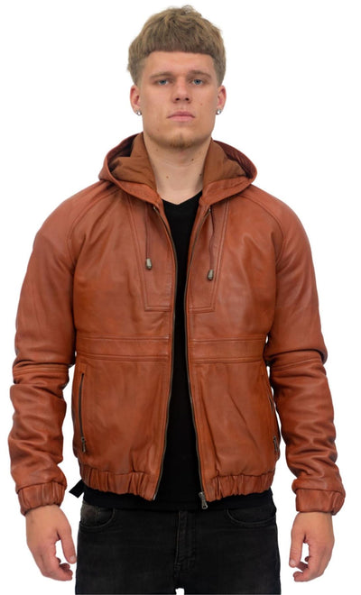 Men’s Casual Leather Hooded Bomber Jacket-Odesa