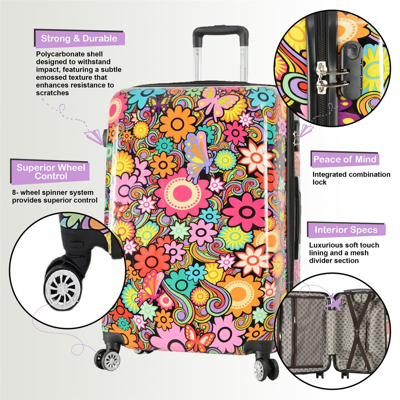 Printed Hard Shell Dual 4 Wheel Luggage Suitcase