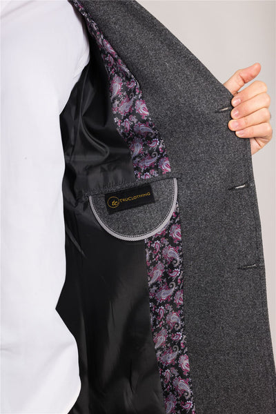 Men's Notched Lapel Collar Wool Blend Grey Overcoat