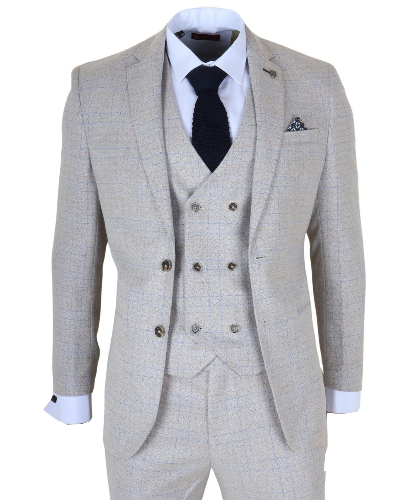 Men's Cream Plaid Check 3 Piece Slim Fit Formal Wedding Suit