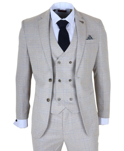Men's Cream Plaid Check 3 Piece Slim Fit Formal Wedding Suit