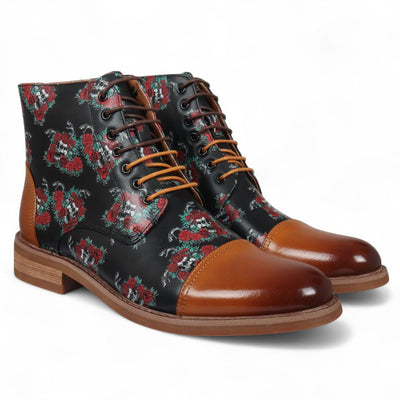 Justin Reess Men's Brown Floral Leather Oxford Ankle Boots - Adam Skull