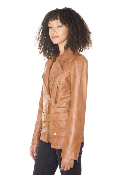 Womens Long Leather Biker Jacket-Quito