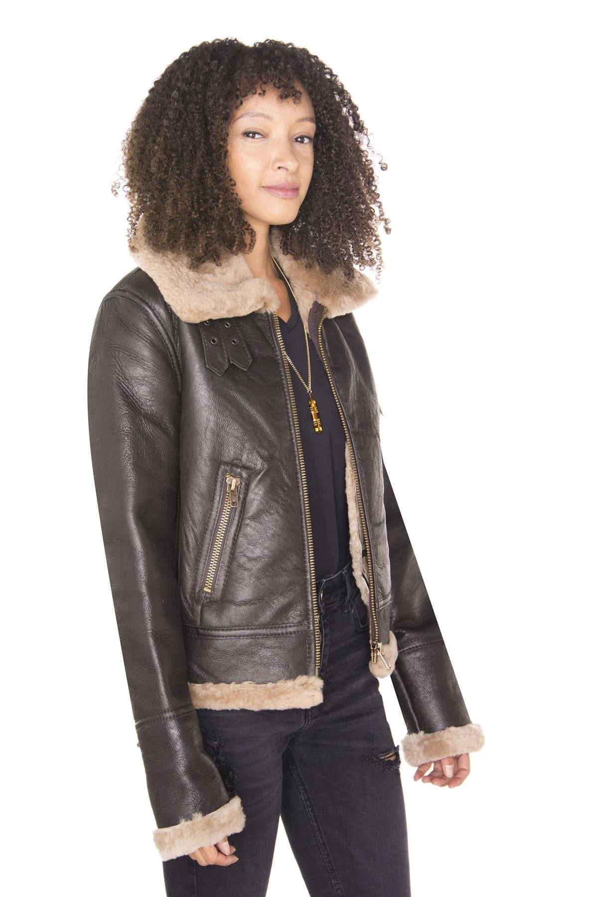 Womens Brown B3 Sheepskin Leather Flying Jacket-Portland