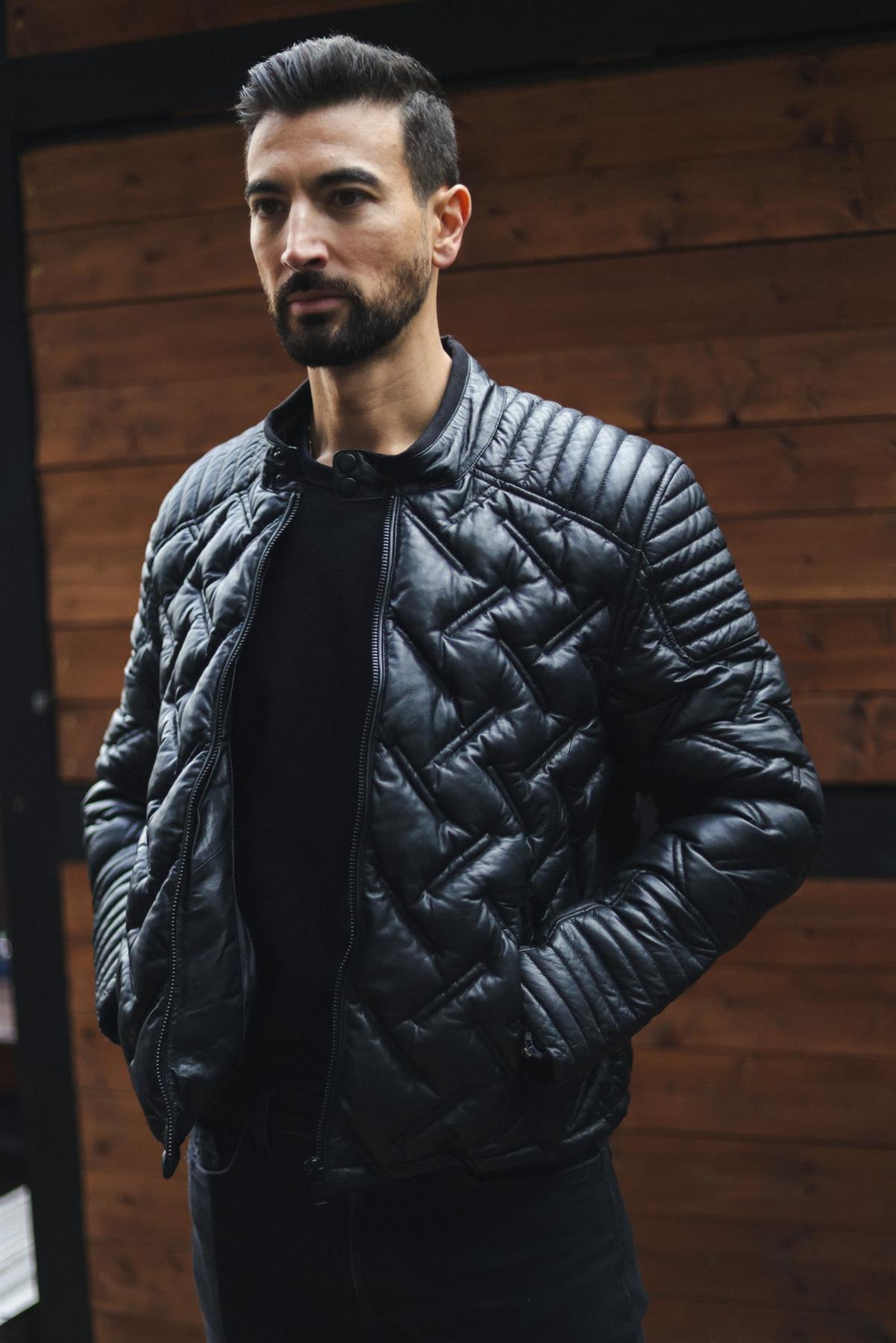 Men's Black Leather Quilted Biker Jacket - Manaus