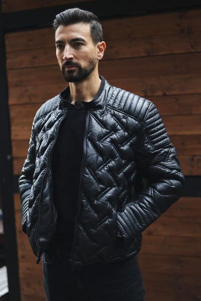 Men's Black Leather Quilted Biker Jacket - Manaus