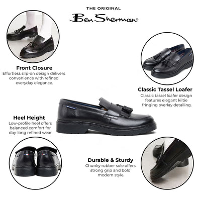 Ben Sherman Men's Black Leather Tassel Loafer Shoes - Dudley