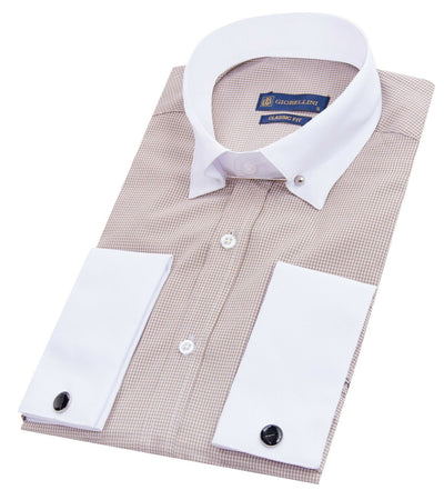 Mens Club Collar Beige Shirt 1920s Peaky Blinders With Bar Poplin Pin Smart
