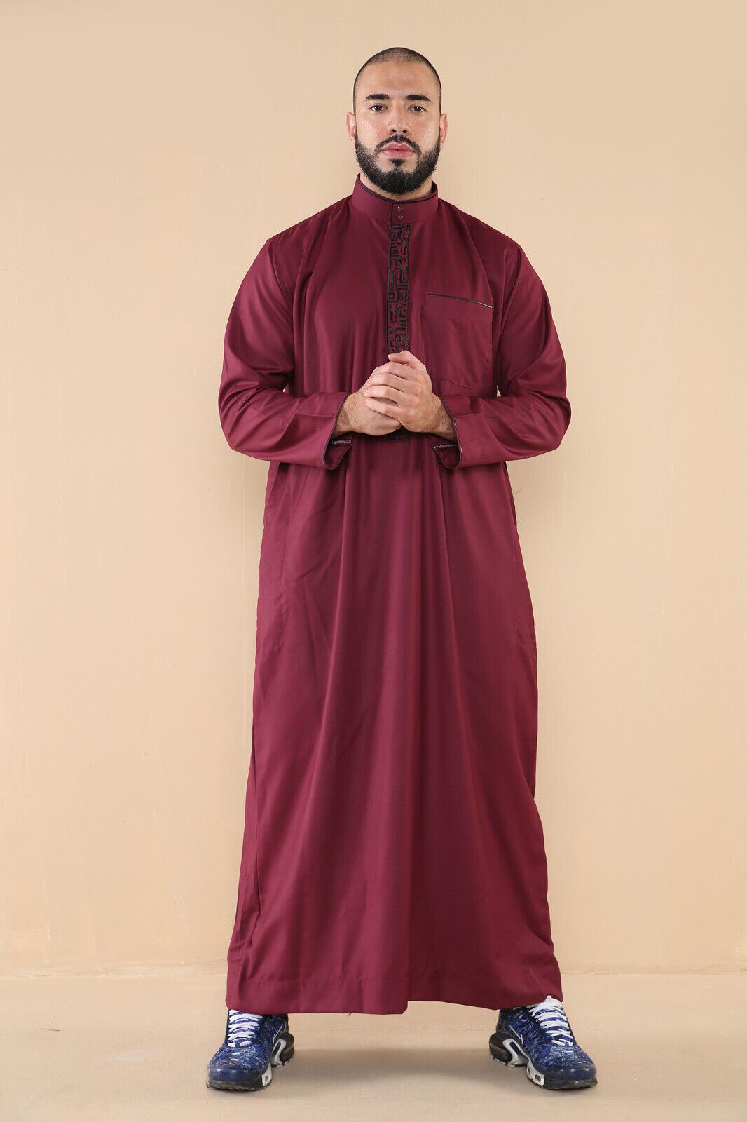 Mens Thobe Jubba Emirati Islamic Arabic Eid Embroidery Kaftan Jubbah Robe