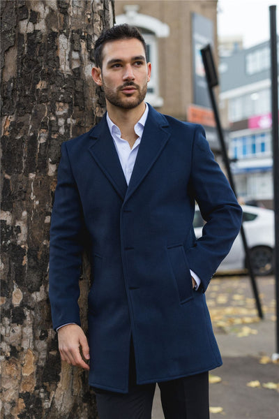 Men's Notched Lapel Collar Wool Blend Navy Overcoat