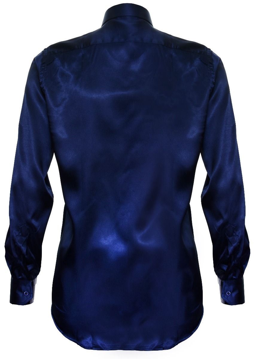 Mens Blue Satin Silk Shirt Smart Casual Button Down Cuff Tailored Fit