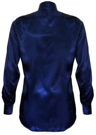 Mens Blue Satin Silk Shirt Smart Casual Button Down Cuff Tailored Fit