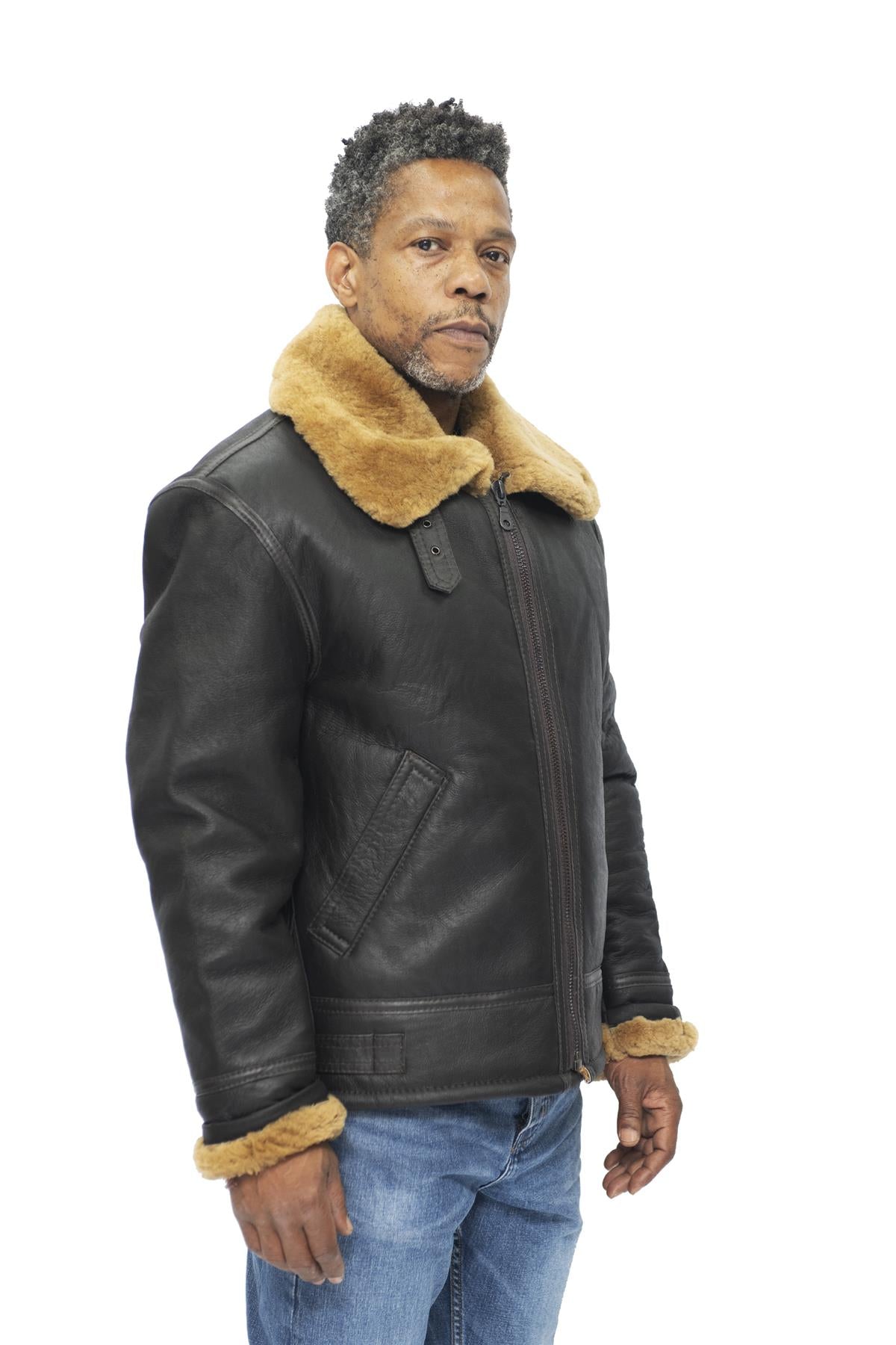 Mens B3 WW2 Leather Sheepskin Aviator Flying Jacket-Hartland