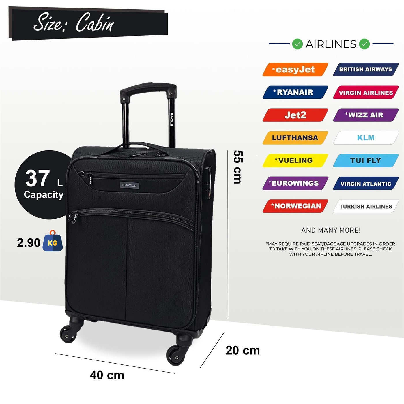 Lightweight Soft Cabin 4 Wheel Luggage Travel TSA Bag