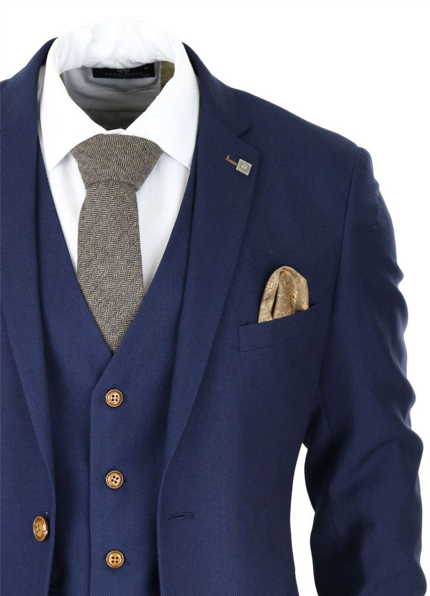 Mens 3 Piece Navy Blue Birdseye Classic Suit