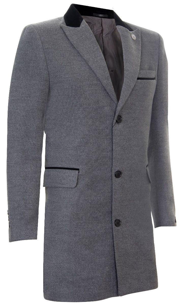 Mens 3 4 Grey Long Crombie Overcoat Jacket Herringbone Tweed Coat Peaky Blinder