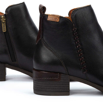 Women's Pikolinos Malaga Black Leather Ankle Bootie Zip Mid-Heel Everyday Boots