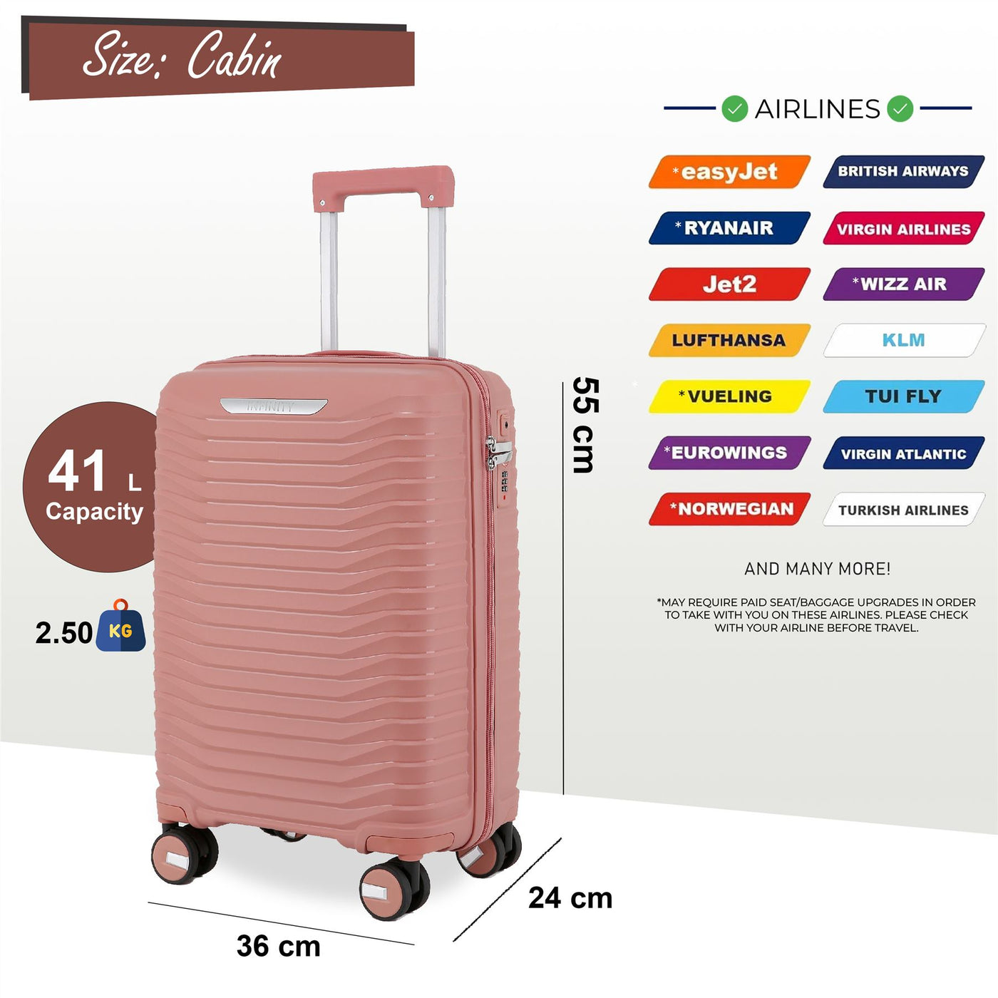 Robust Hard Shell Cabin Suitcase 36 x 24 x 55 cm TSA Luggage Suitable for Easyjet, Ryanair, Wizzair