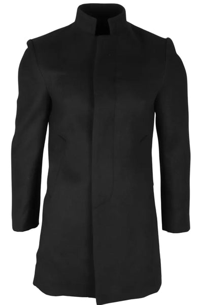 Men's Black Stand Collar Wool Blend Overcoat