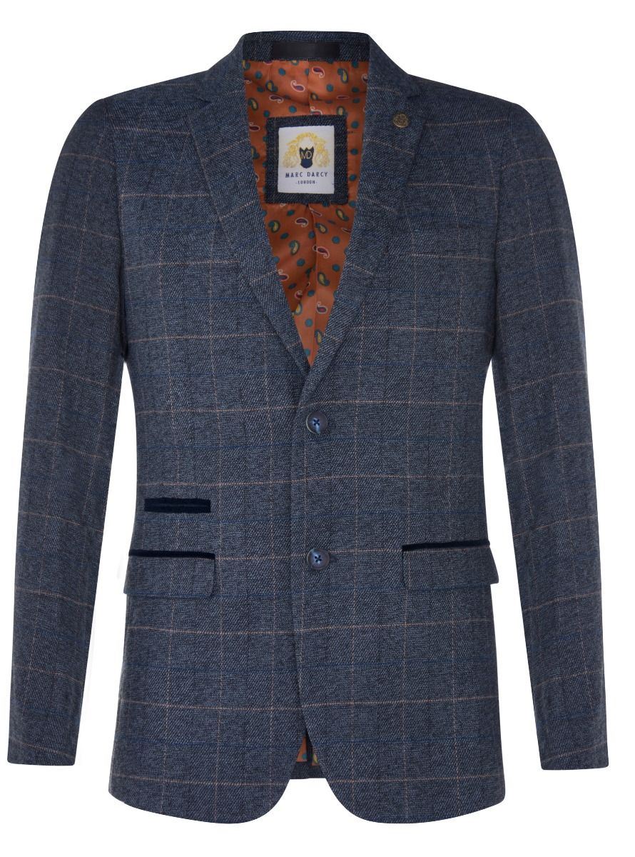 Marc Darcy Herren Tweed Blazer Scott Blau Kariert Fischgrät Elegante formelle Jacke