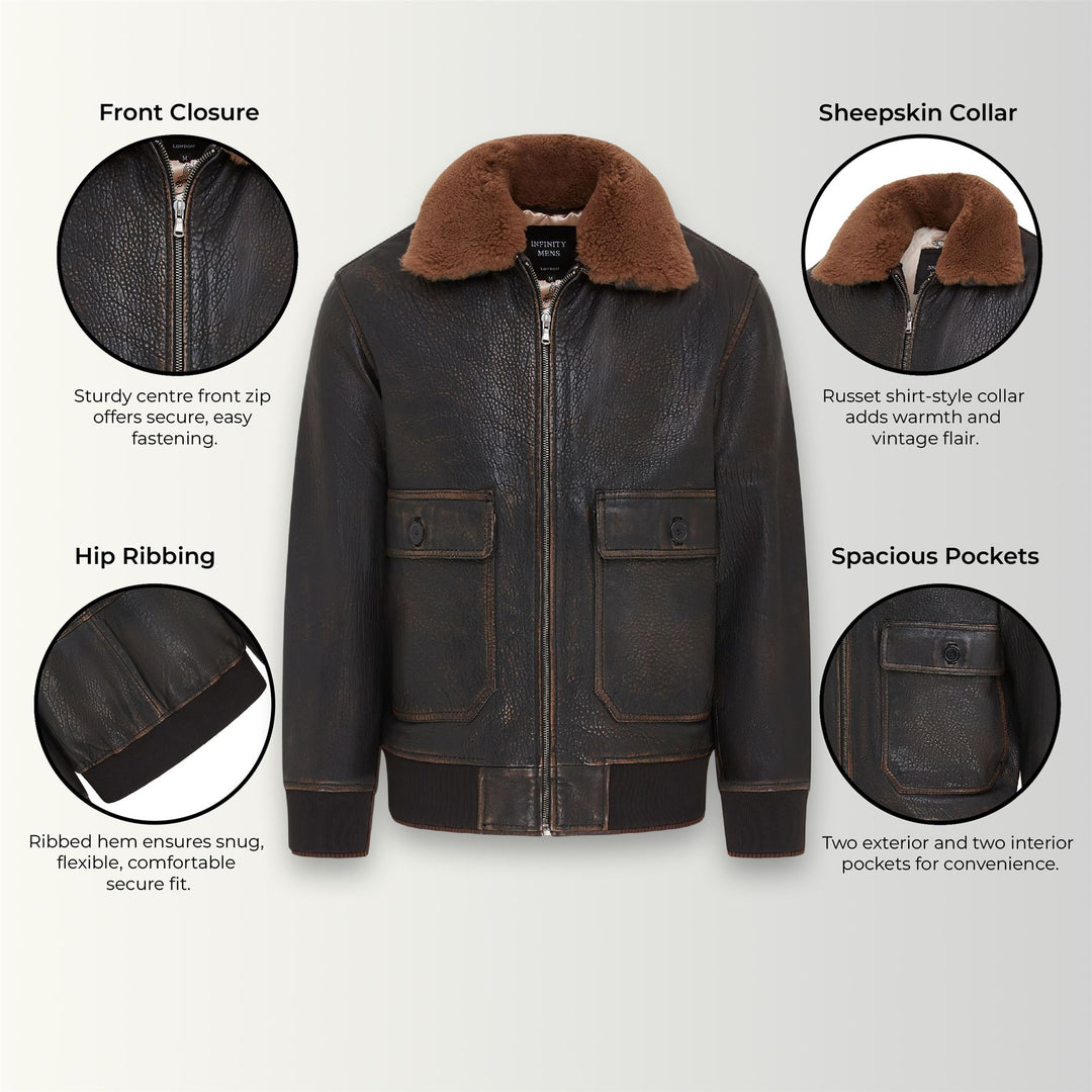 Men's Brown Leather Bomber Sheepskin Collar G-1 Pilot Jacket