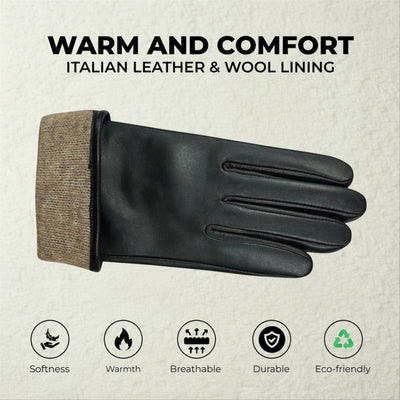 Womens Italian Leather Winter Button Design Soft Wool Lining Gloves - L-GLV-501