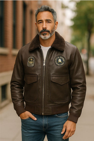 Men's Leather Bomber Sheepskin Collar G-1 Aviator Jacket - Linear