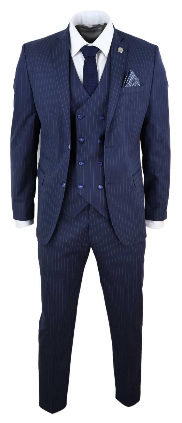 Men's 3 Piece Navy Blue Pinstripe Retro Suit