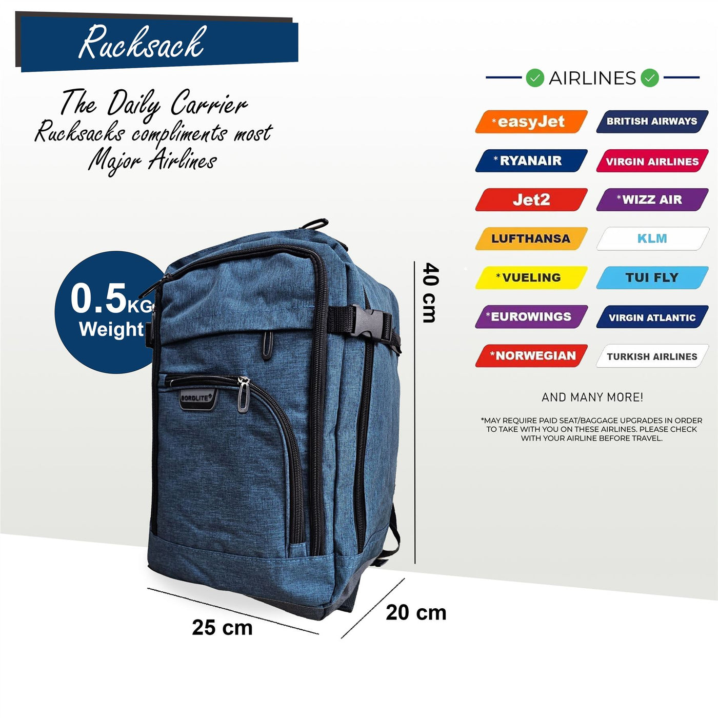 Backpack Rucksack 40x20 x25 cm Underseat Travel Cabin Bag for Easy Jet, Ryanair