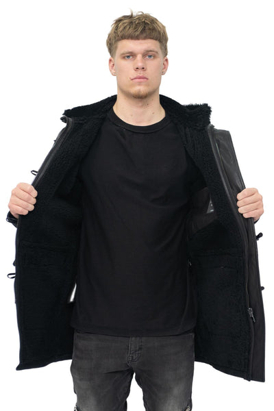 Mens Winter Sheepskin Leather Hooded Duffle Coat-Montpellier