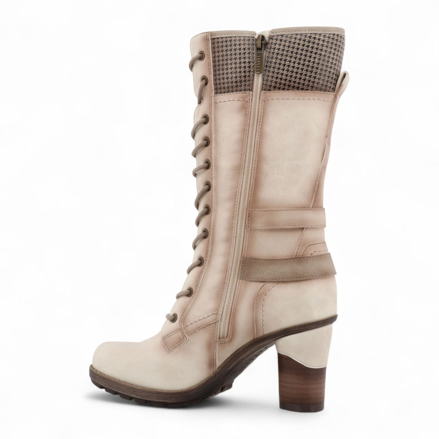 Mustang Women's Cream White Mid-Calf Lace Up Heeled Combat Boots