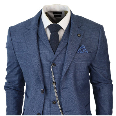 Men's 3 Piece Blue Prince Of Wales Check Suit