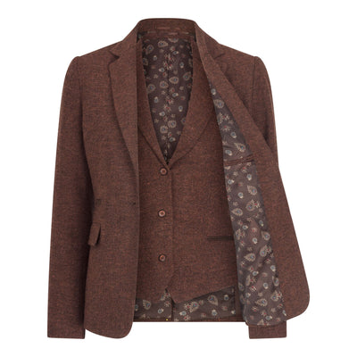 Women's Rust Brown Herringbone Wool Tweed Check Blazer