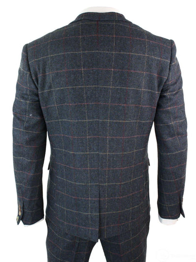 Abito vintage da uomo a quadri a spina di pesce blu navy in 3 pezzi