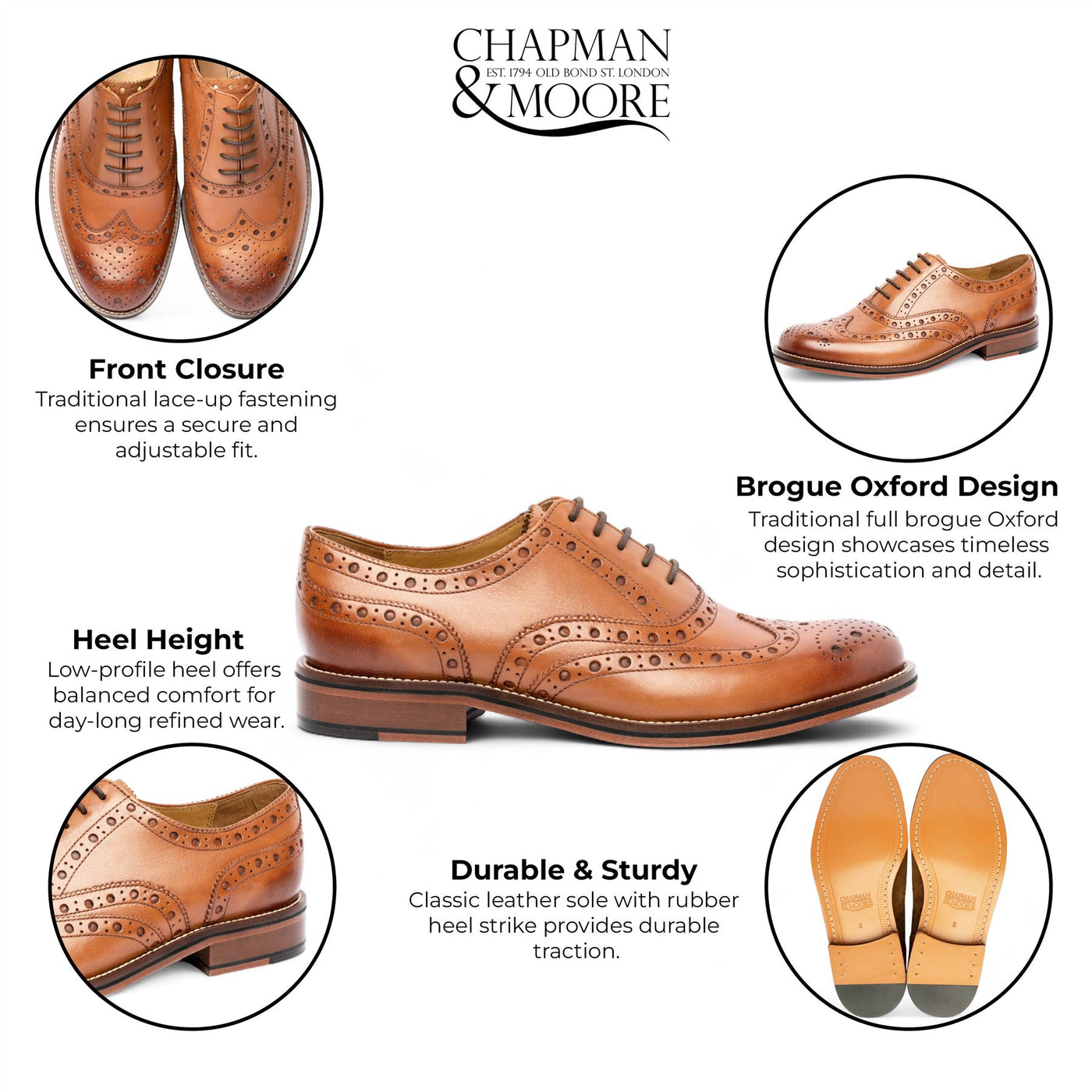 Chapman & Moore Men's Tan Brown Leather Wingtip Brogue Oxford Office Shoes