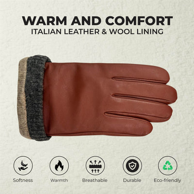 Men’s Italian Leather Warm Wool Lining Winter Knit Rib Gloves - M-LGV-105