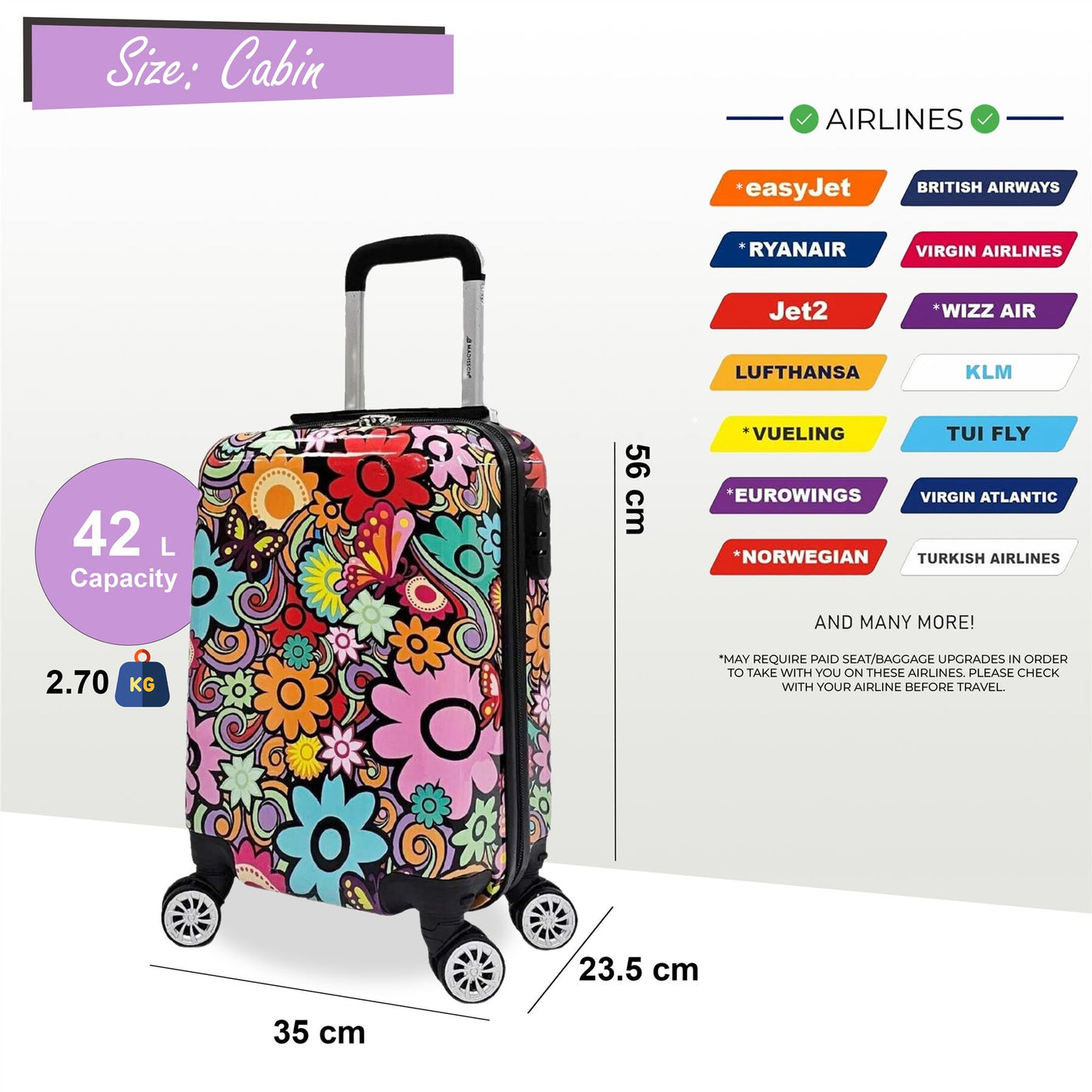Hardside Shell Suitcase Set Printed Luggage Lightweight Cabin Travel Bag
