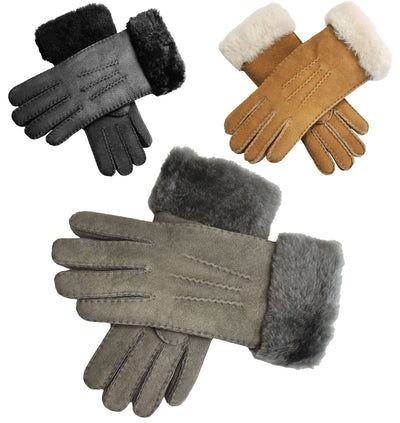Womens Genuine Sheepskin Suede Gloves with Fur Cuff